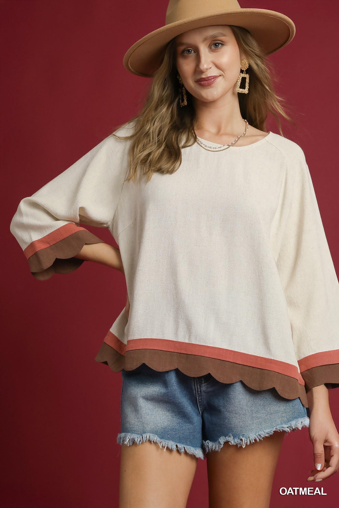 Umgee Scalloped Hem Color Block Top