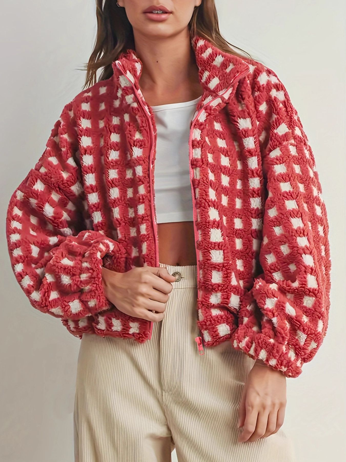 Fleece Checkered Puff Sleeve Bomber Jacket