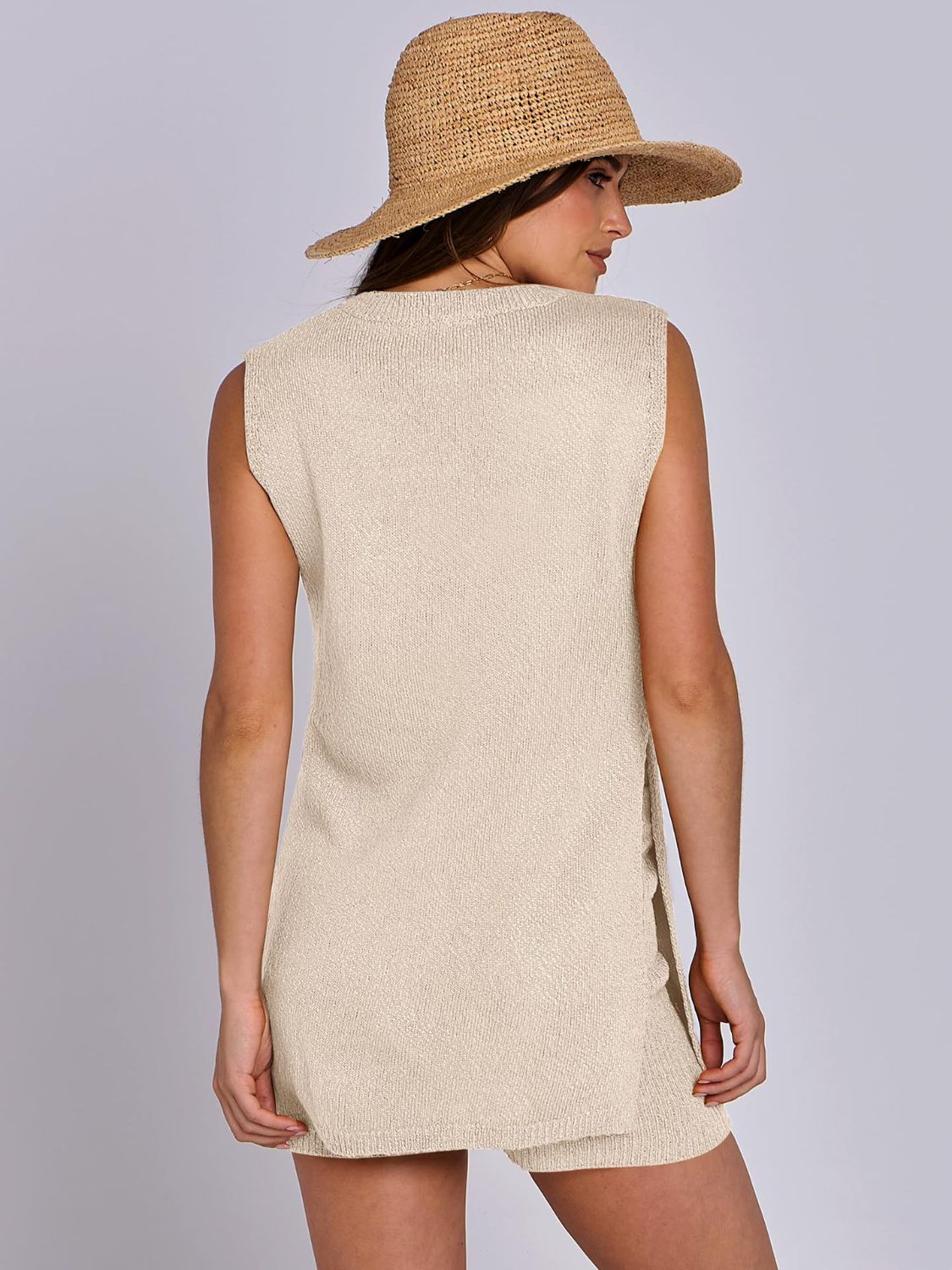 Side Slit Round Neck Tank and Ribbed Shorts Sweater Set