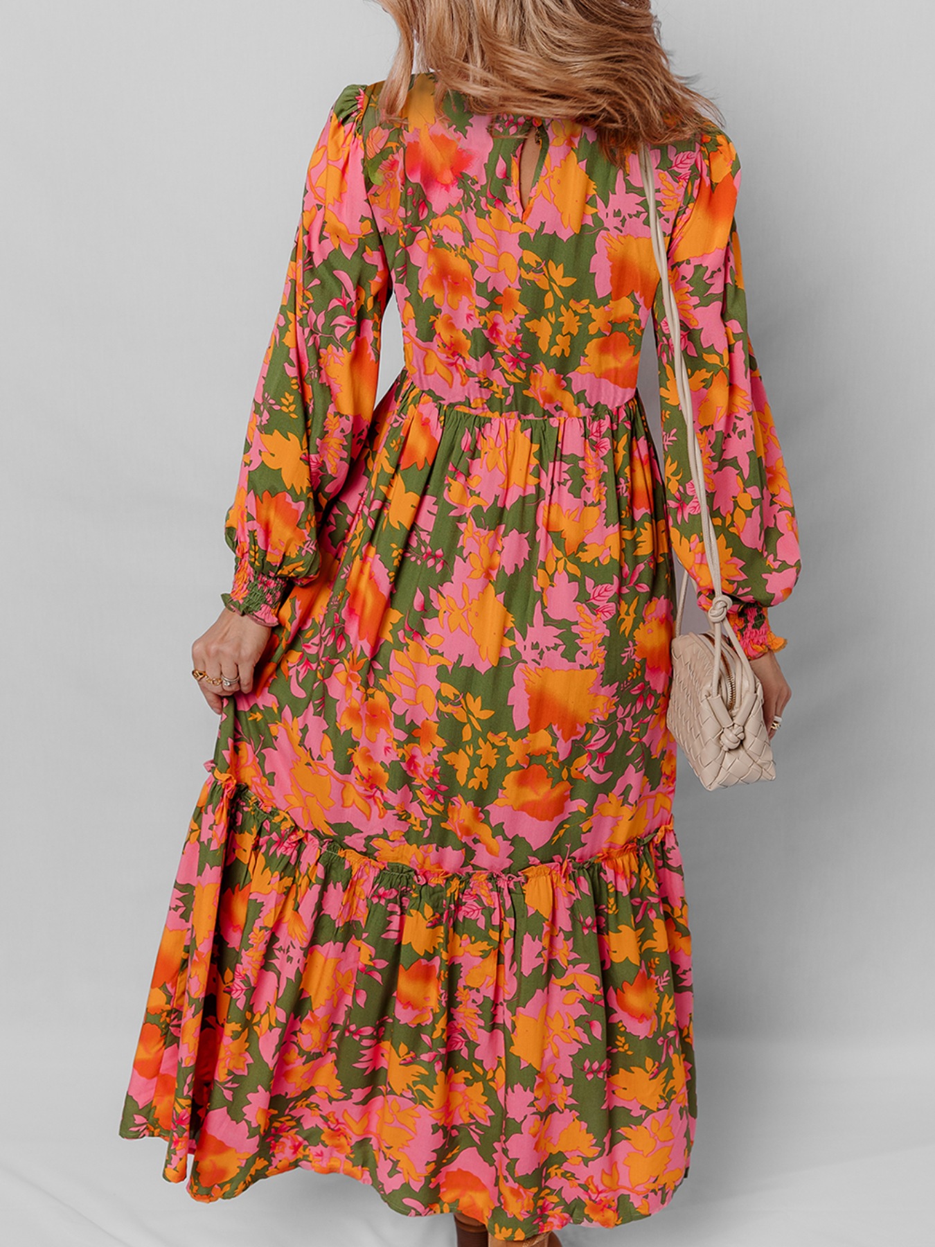 Smocked Floral Print Long Sleeve Maxi Dress