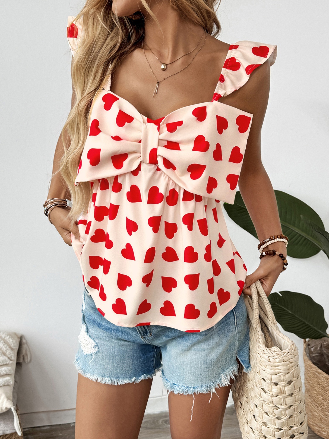 Heart Print Bow Front Peplum Blouse