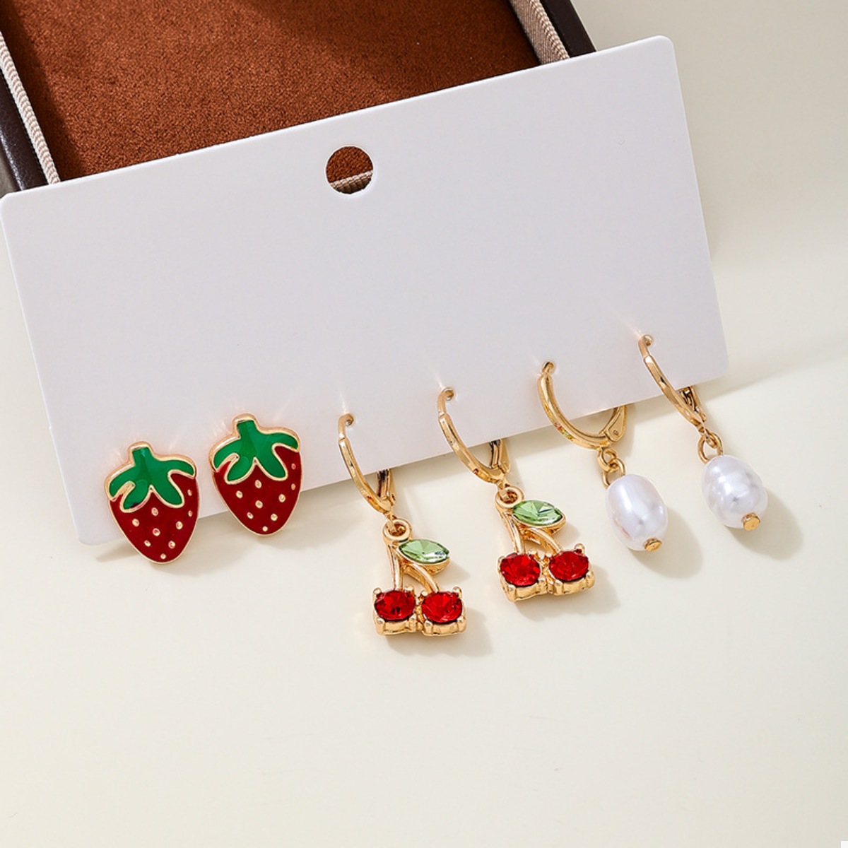 3 Piece 18K Gold-Plated Strawberry Cherry and Pearl Earrings
