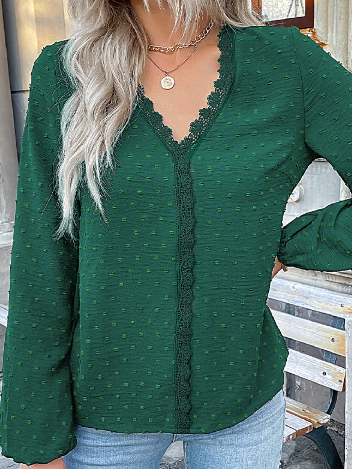 Lace Detail V-Neck Long Sleeve Blouse