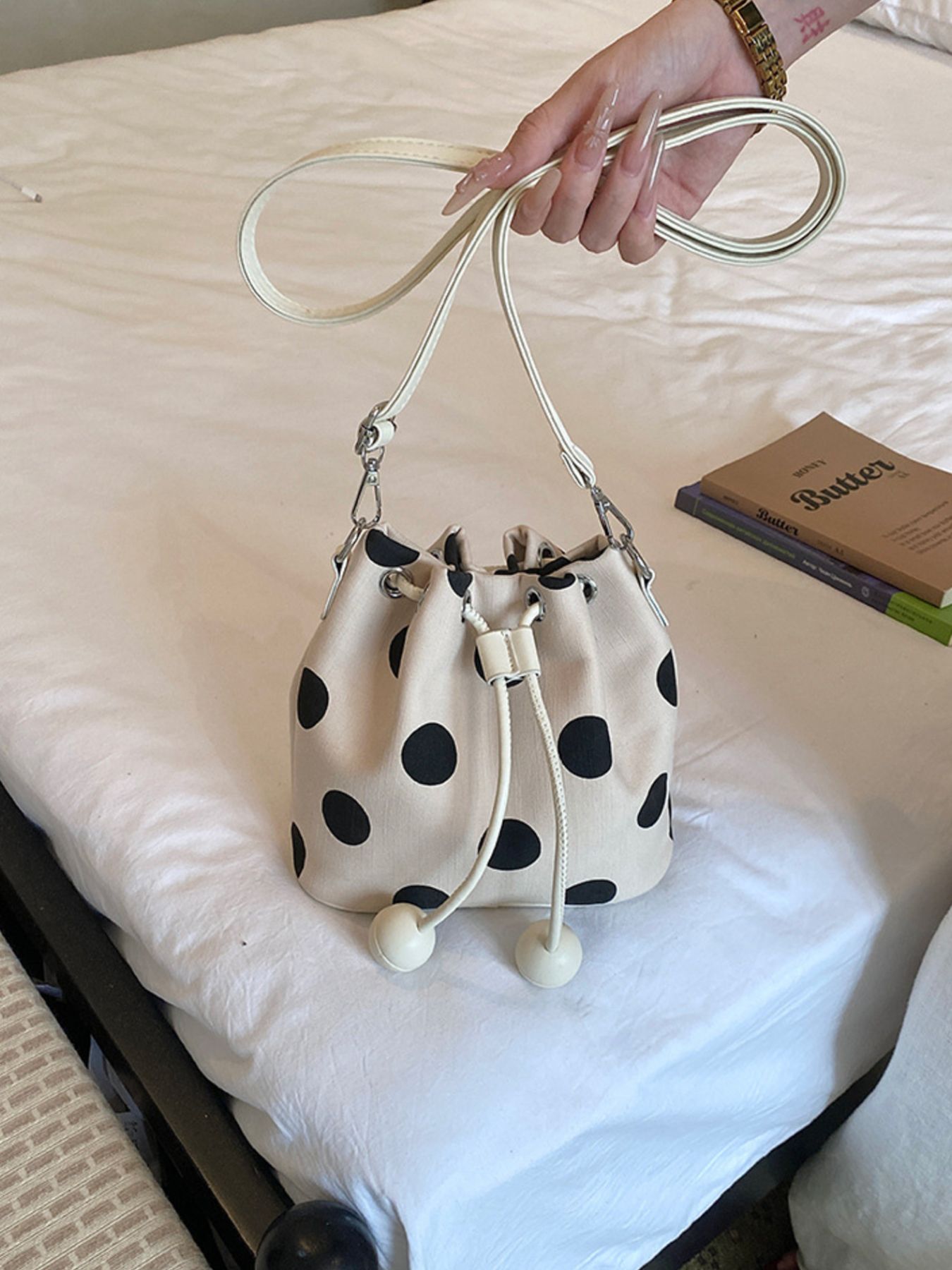 Polka Dot Drawstring Bucket Crossbody Bag