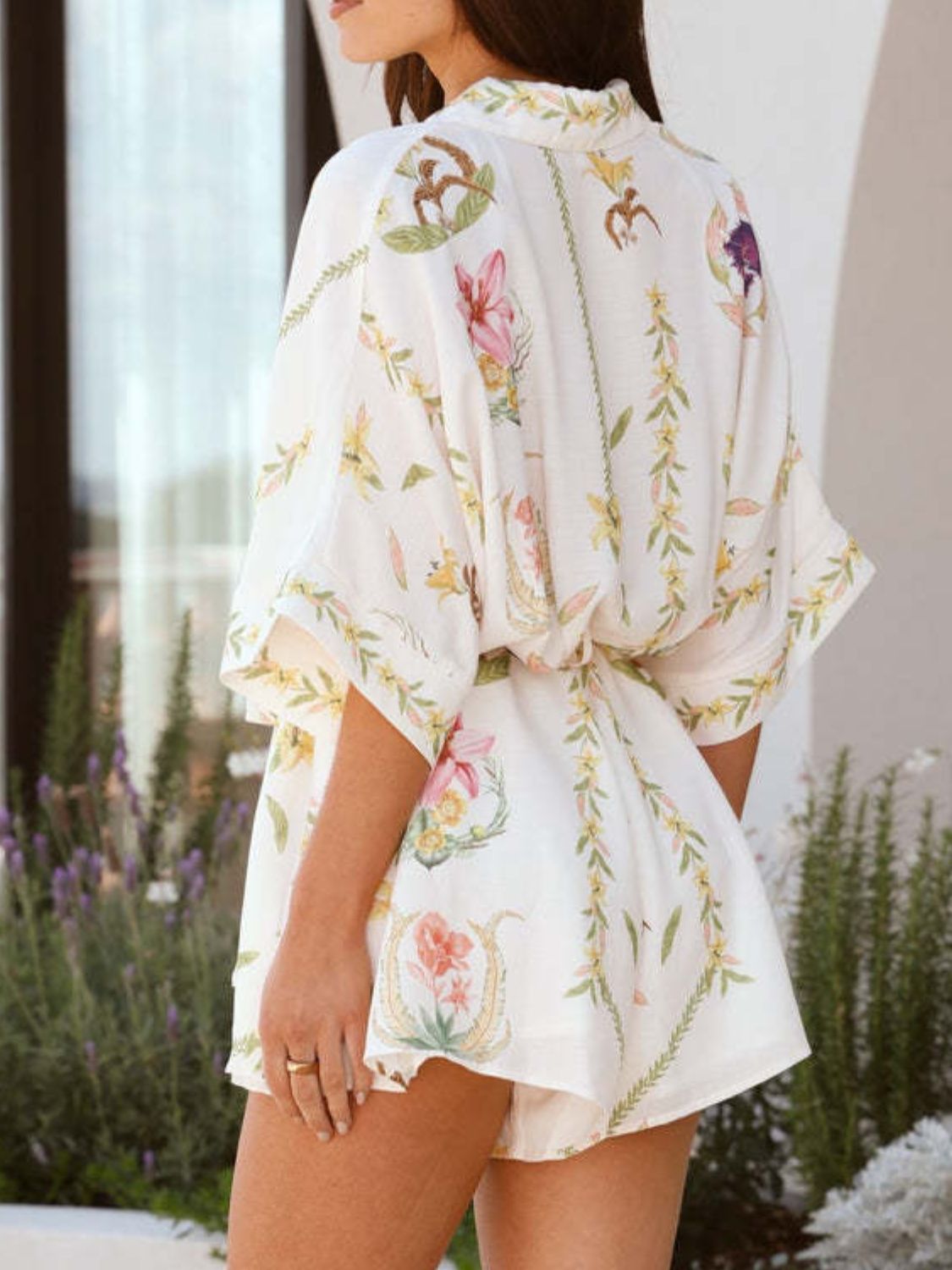 Printed Tie Waist Half Sleeve Romper