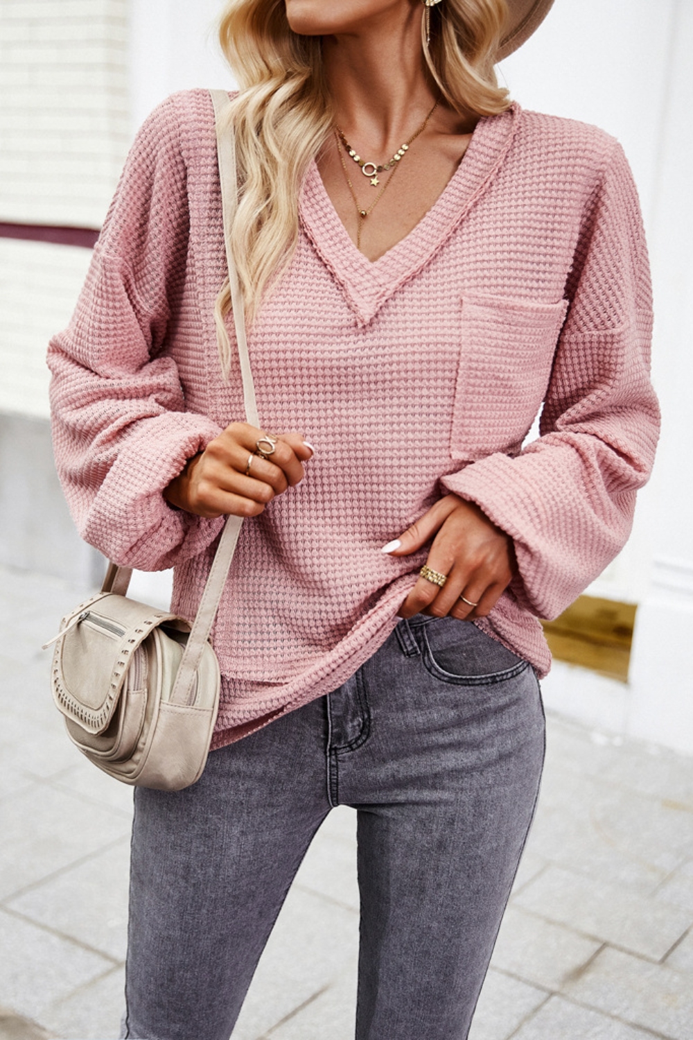 Waffle-Knit V-Neck Long Sleeve Top