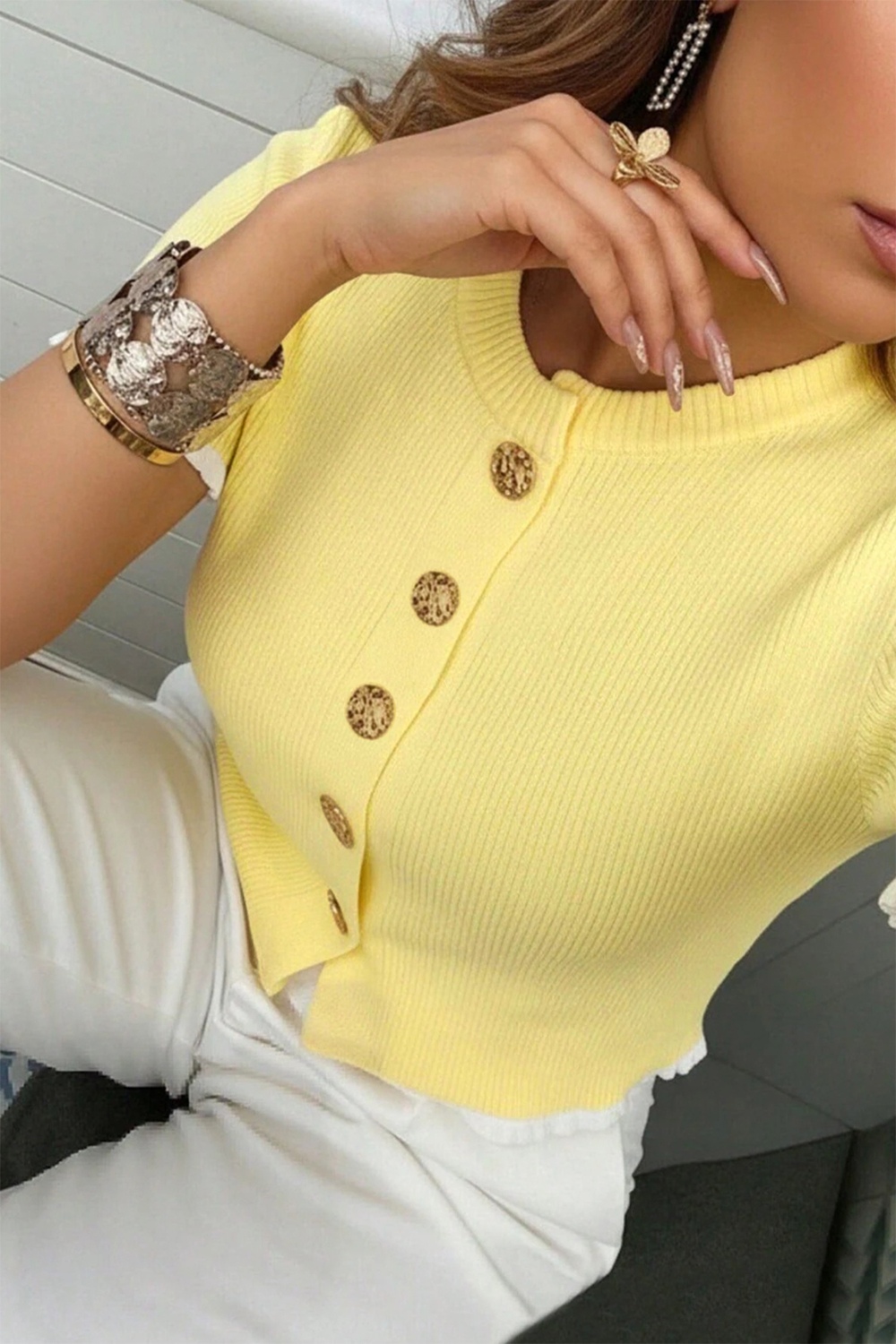 Ribbed Knit Contrast Frilled Short Sleeve Sweater Cardigan view 4