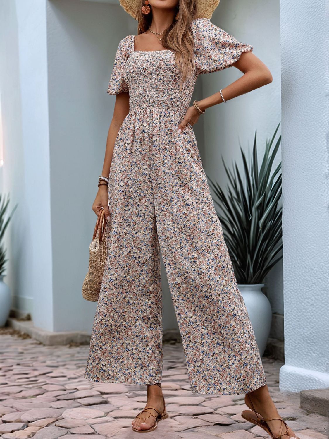 Ditsy Floral Smocked Square Neck Puff Sleeve Jumpsuit