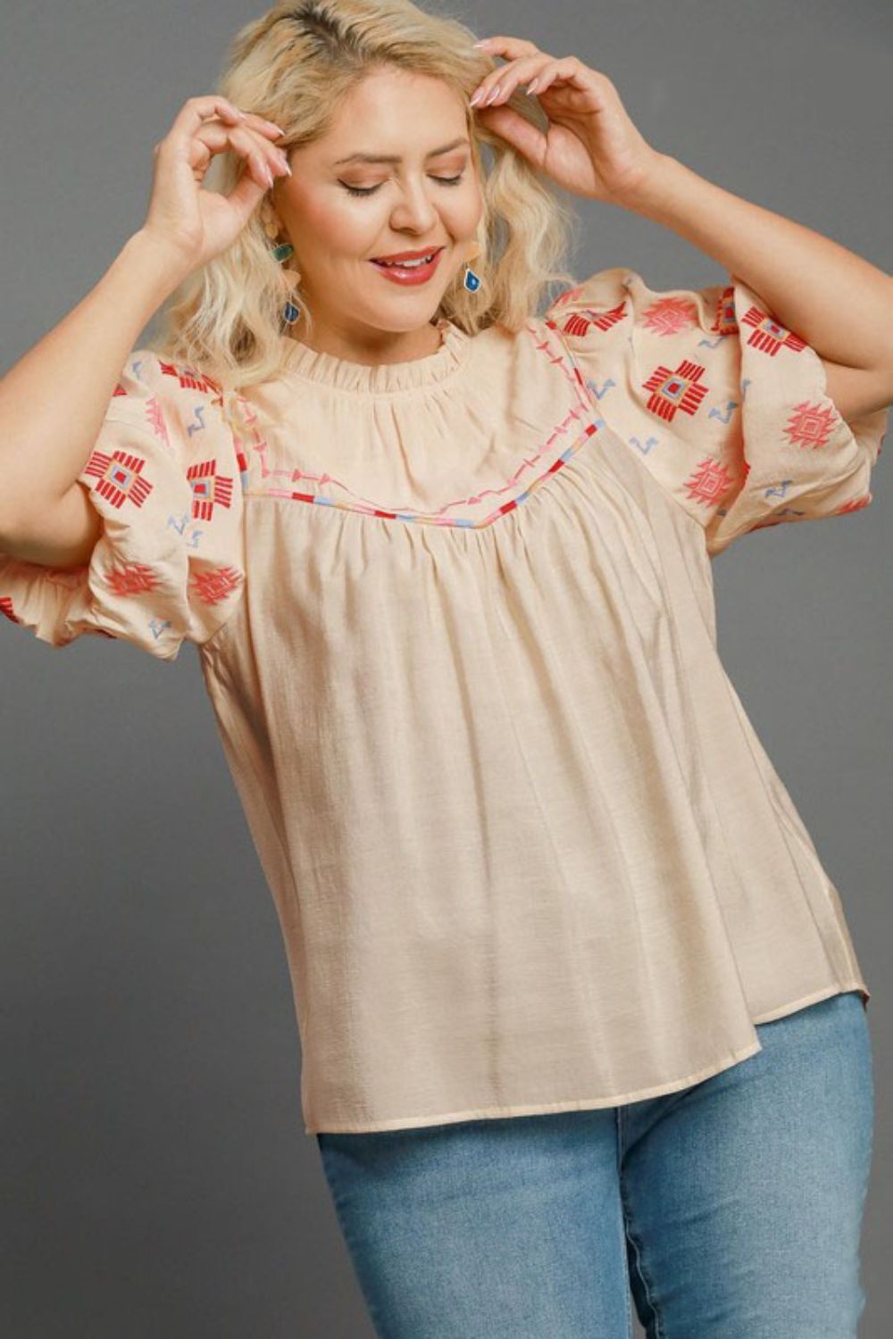 Umgee Full Size Embroidered Puff Sleeve Mock Neck Top Plus Size