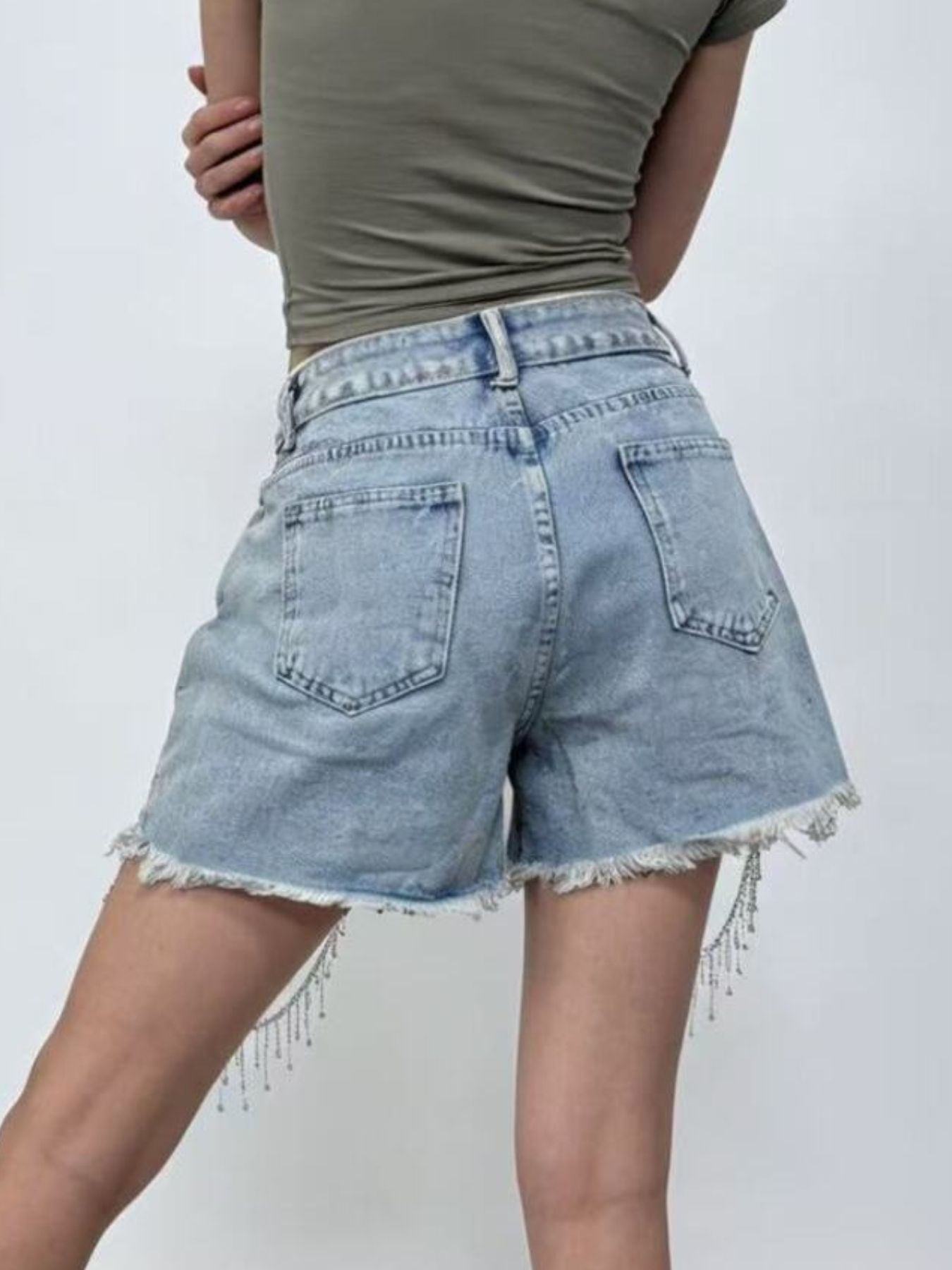 Rhinestone Chain Raw Hem Denim Shorts view 2
