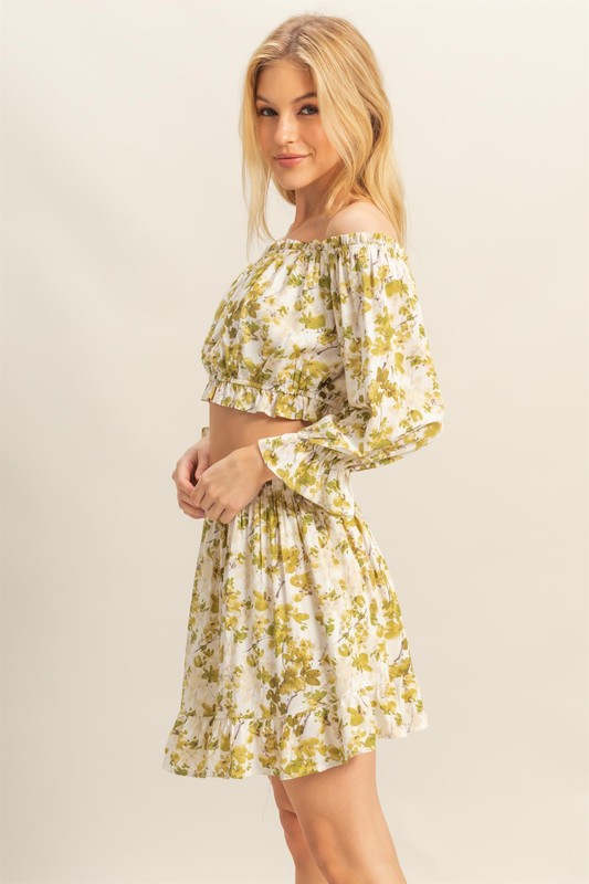 Floral Off-Shoulder Flounce Sleeve Top and Skirt Set