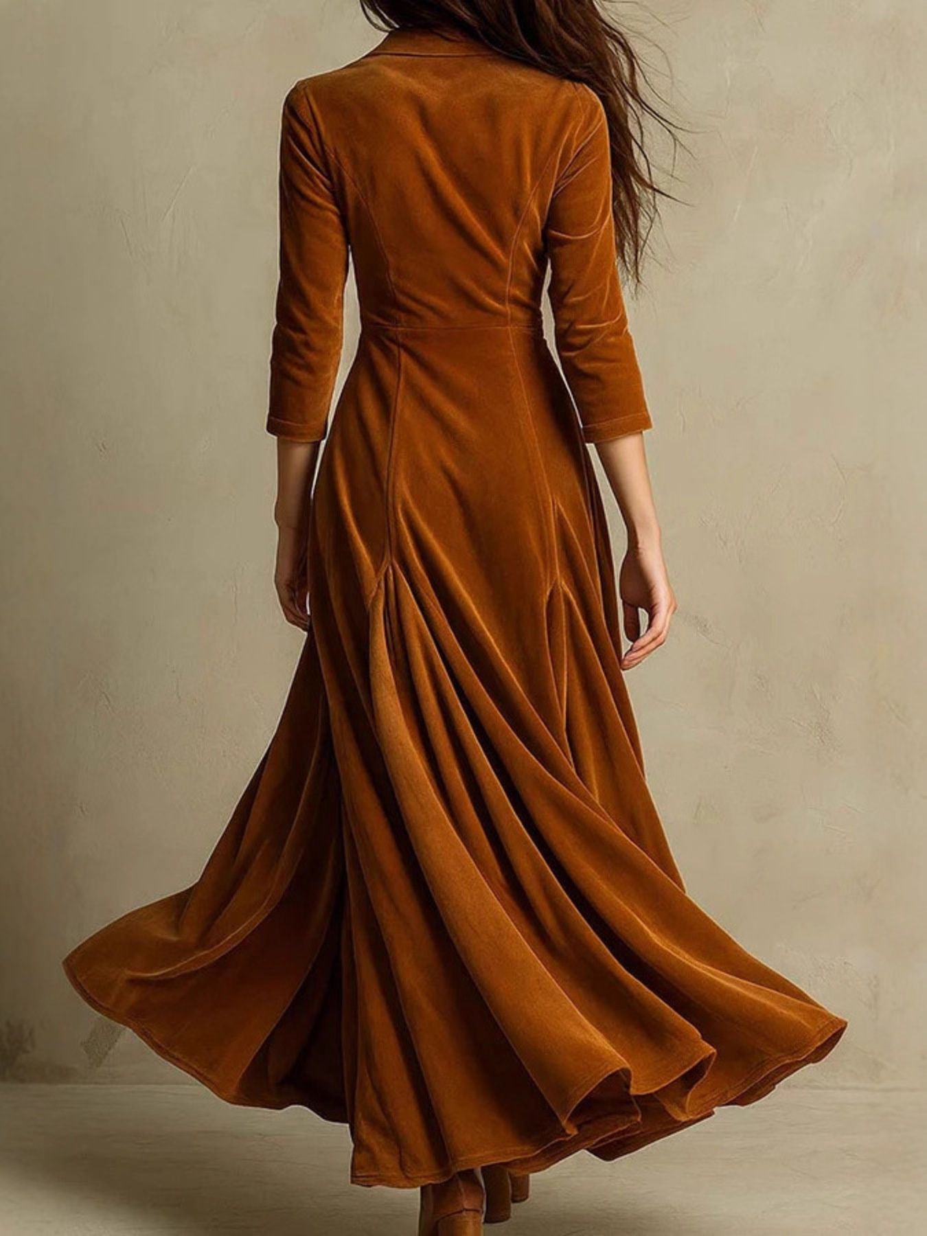 Velvet Button Front 3/4 Sleeve Maxi Dress