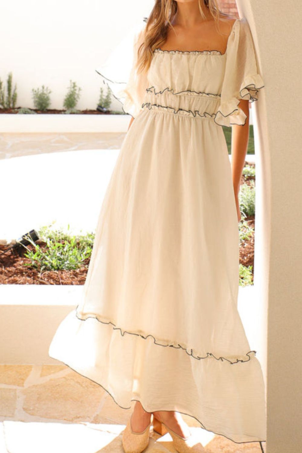 Square Neck Short Sleeve Midi Dress