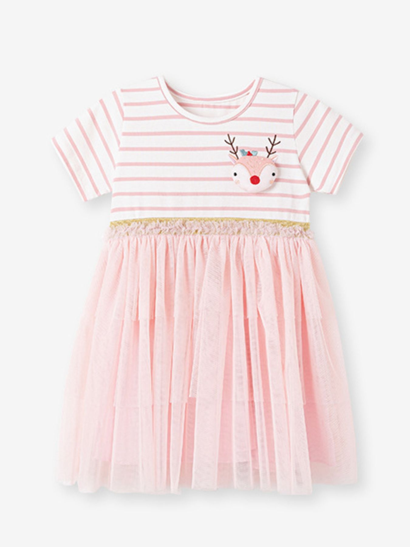 Children's Striped Tulle Dress with Reindeer Applique 2
