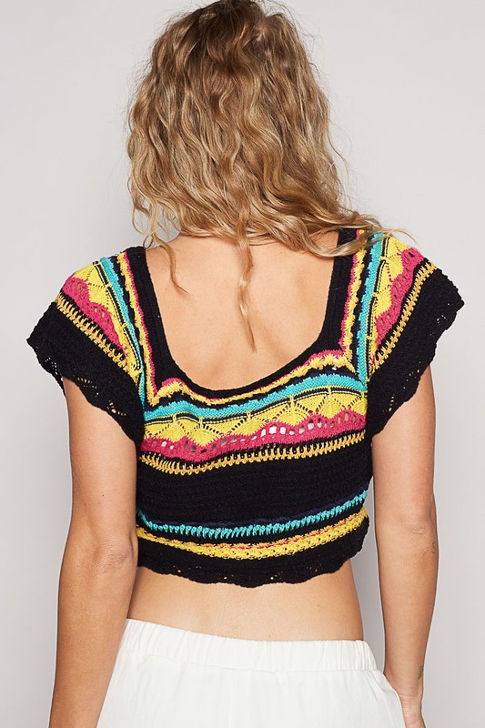 Openwork Ethnic Pattern Square Neck Cropped Knit Top