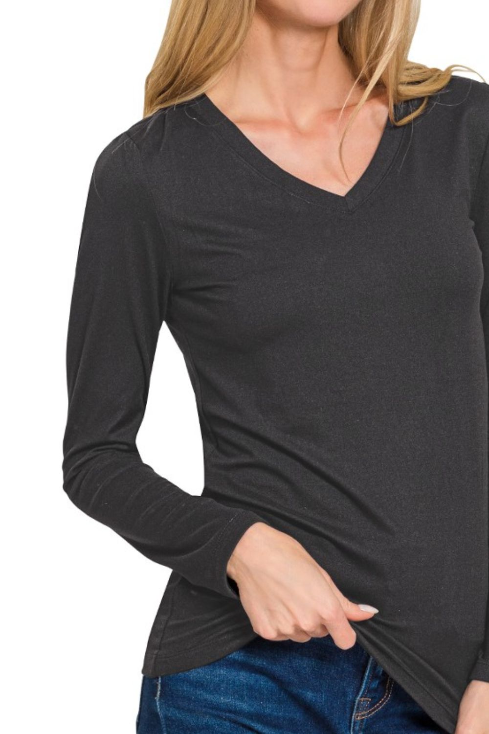 Brushed Microfiber Long Sleeve V-neck Tee