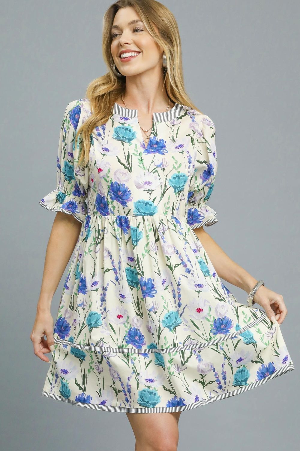 Umgee BabyDoll Floral Striped Hem Mini Dress