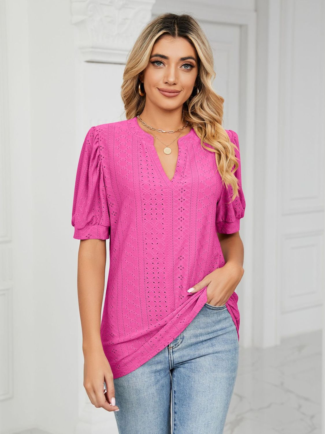 Eyelet Notched Short Sleeve T-Shirt