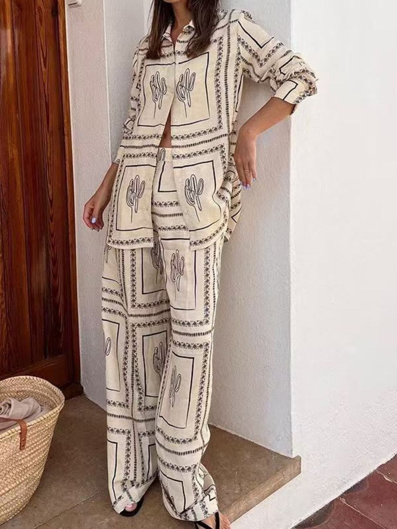 Printed Button Up Shirt and Pants Set