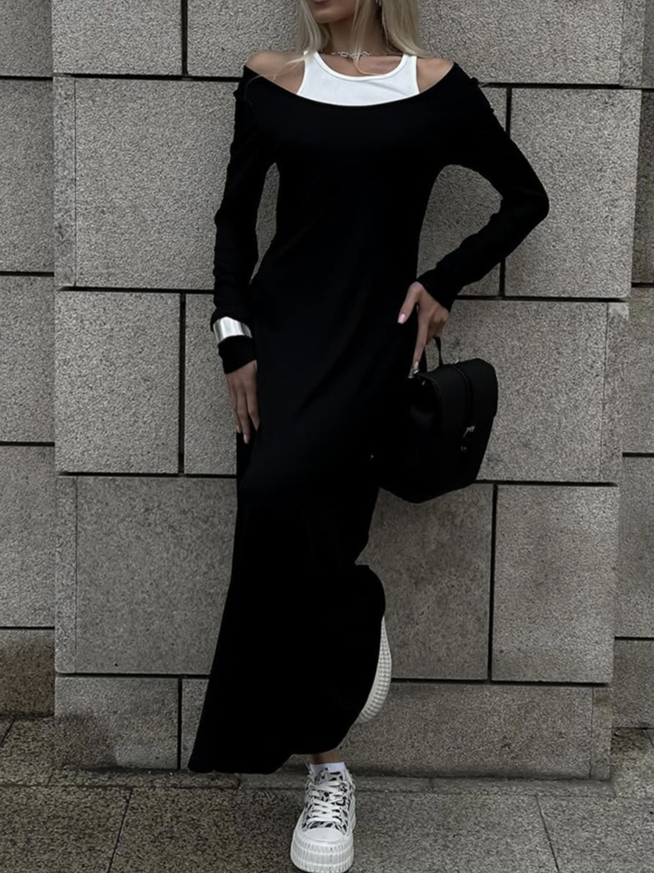 Contrast Long Sleeve Maxi Dress