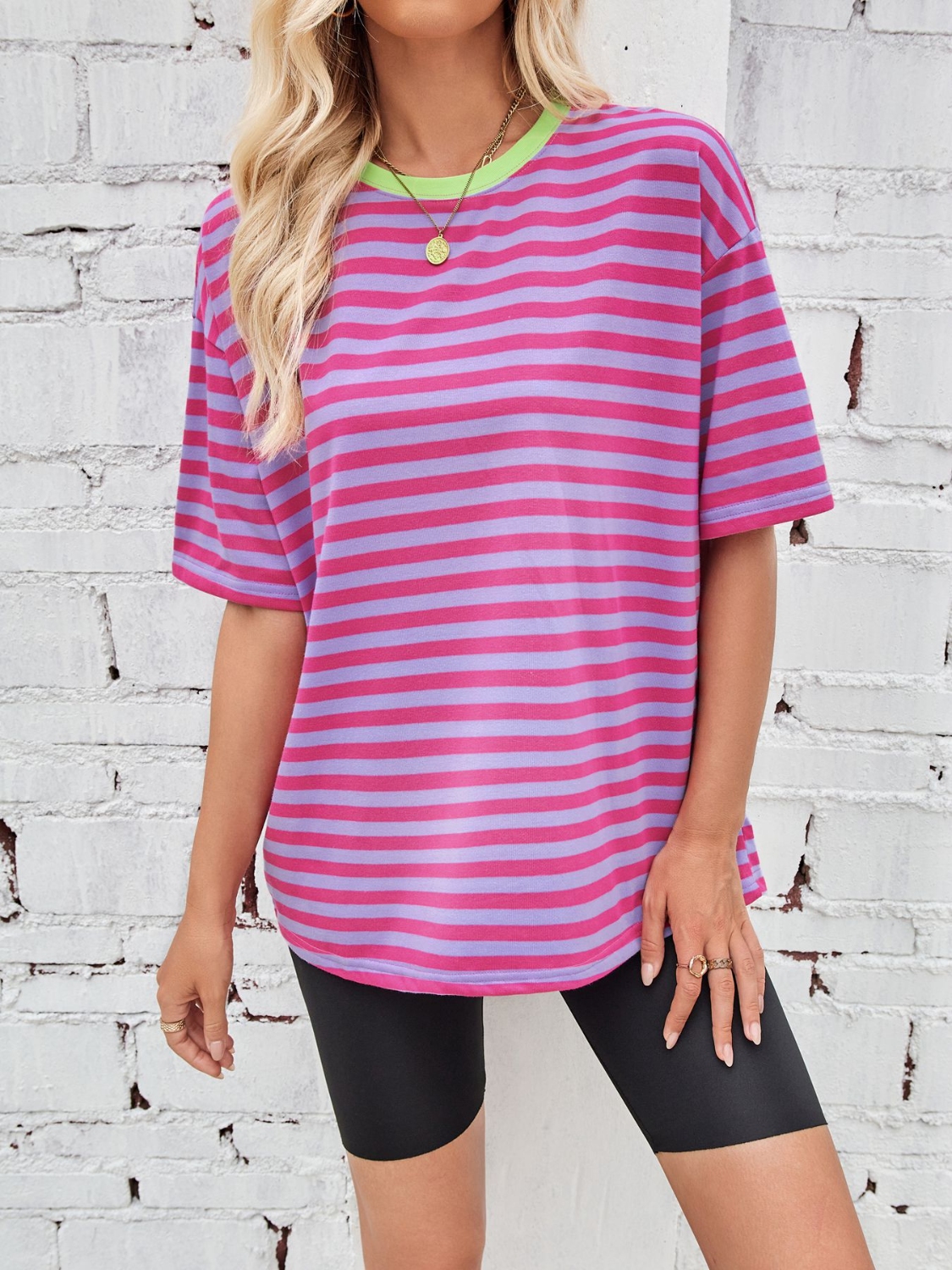 Contrast Striped Round Neck T-Shirt