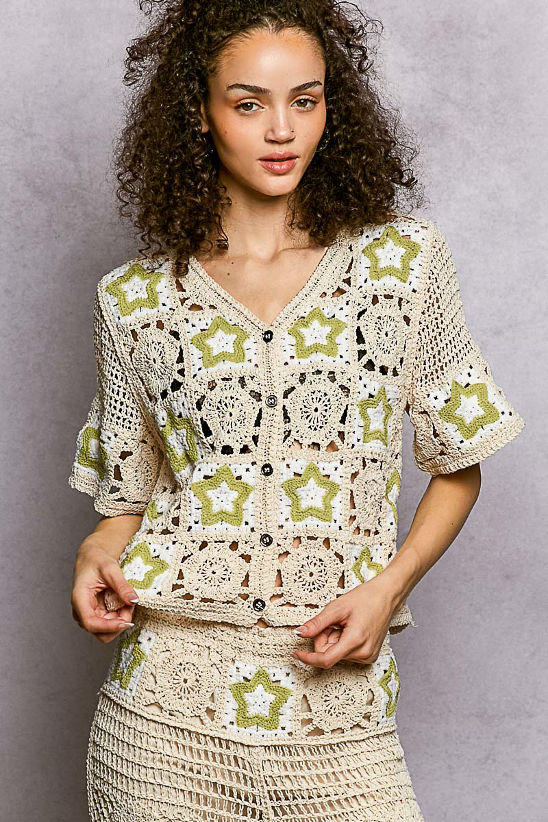 Button Front V-Neck Crochet Cardigan with Contast Star