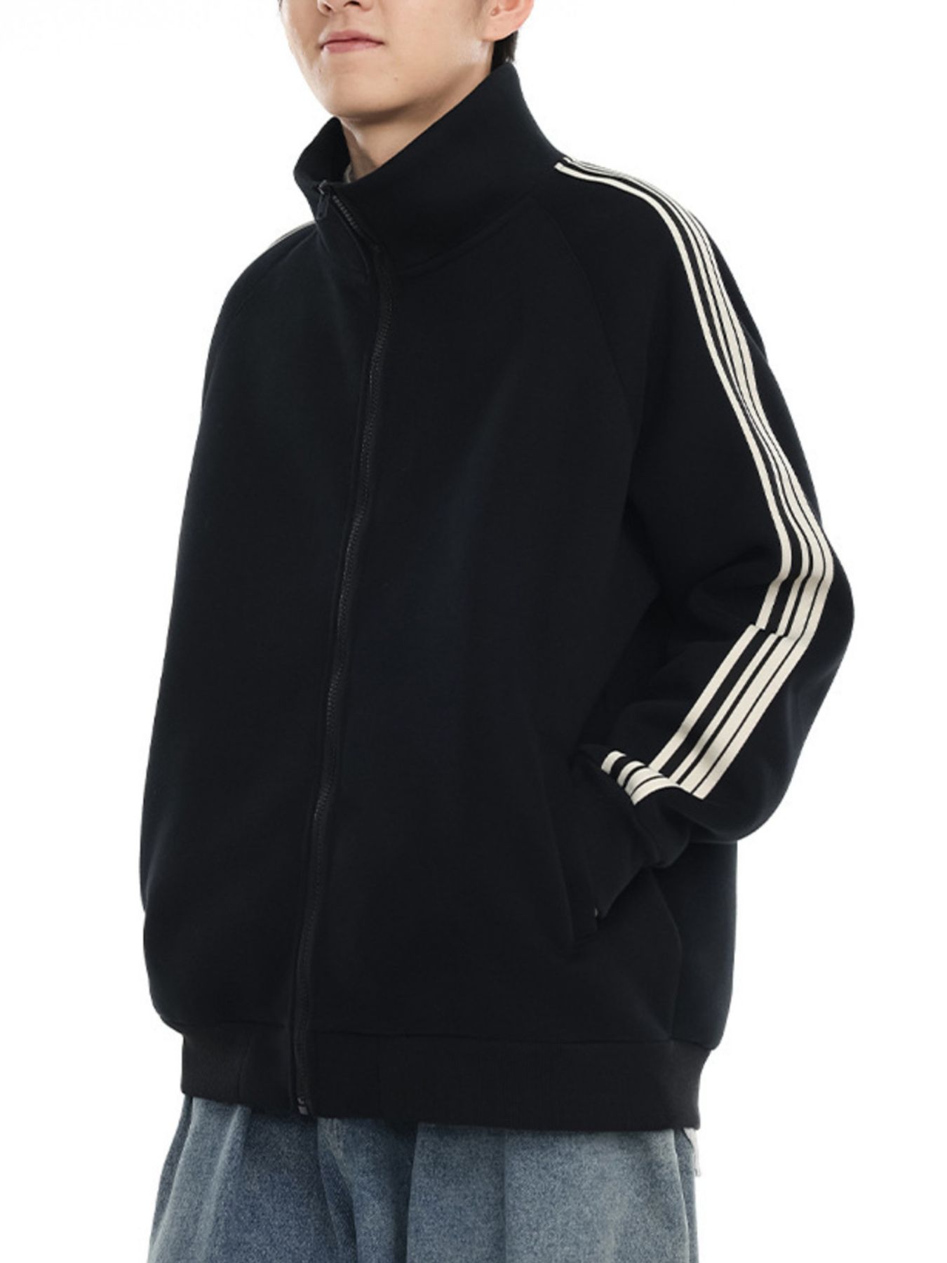 Men's Plus Size Striped Sleeve Zip-Up Sweatshirt