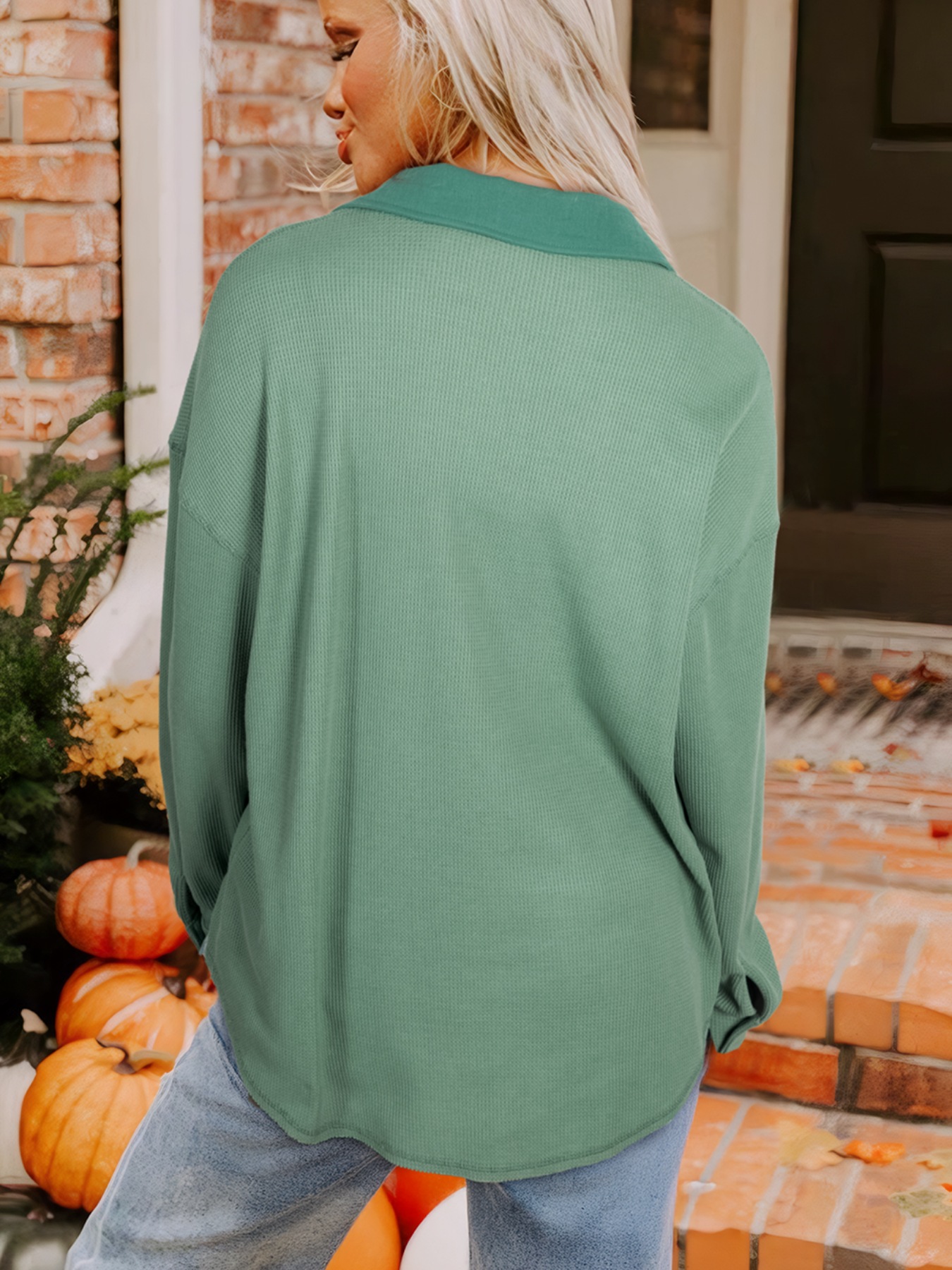 Waffle Knit Vintage Patchwork Button Up Loose Shirt