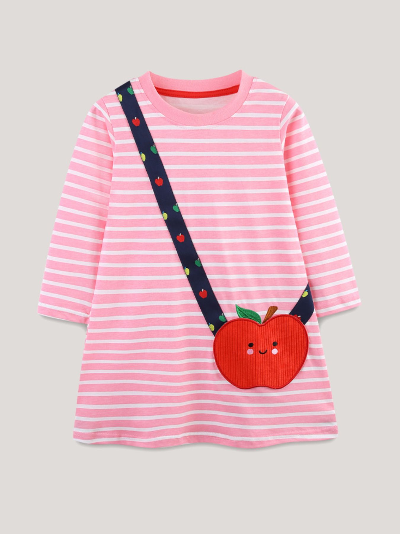 Children's Apple Applique Striped Long Sleeve Dress