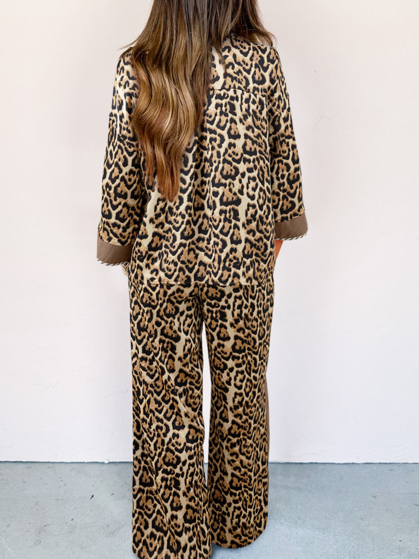 Leopard Collared 3/4 Sleeve Shirt and Loose Pants Two Piece Outfit Set