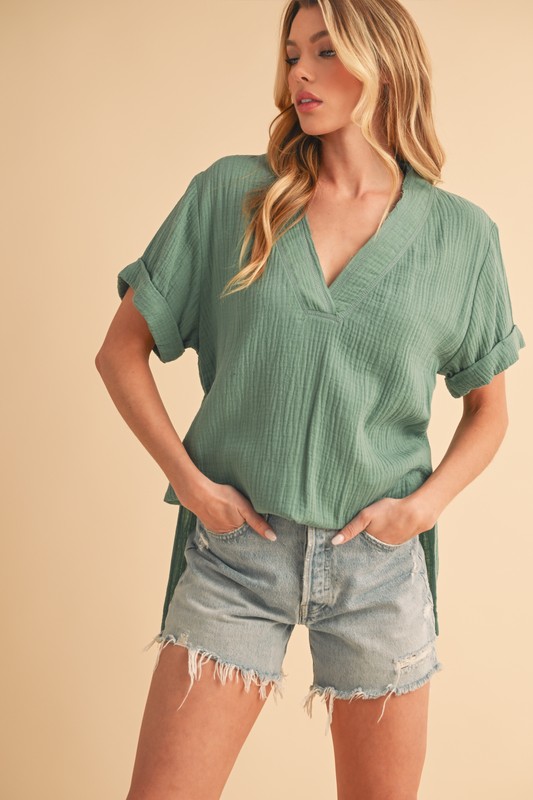 Side Slit V-Neck Short Sleeve Blouse