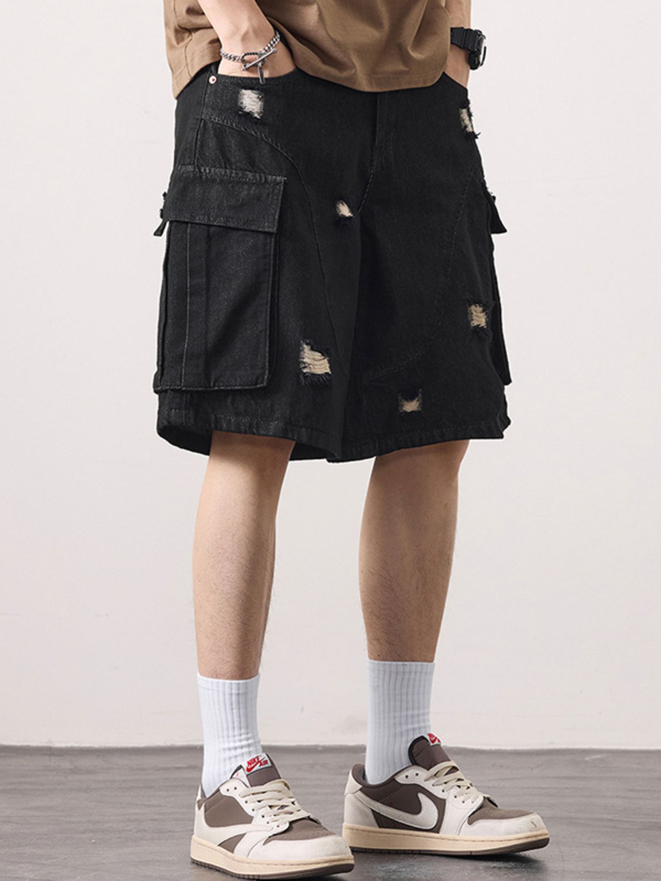 Men's Distressed Cargo Denim Shorts