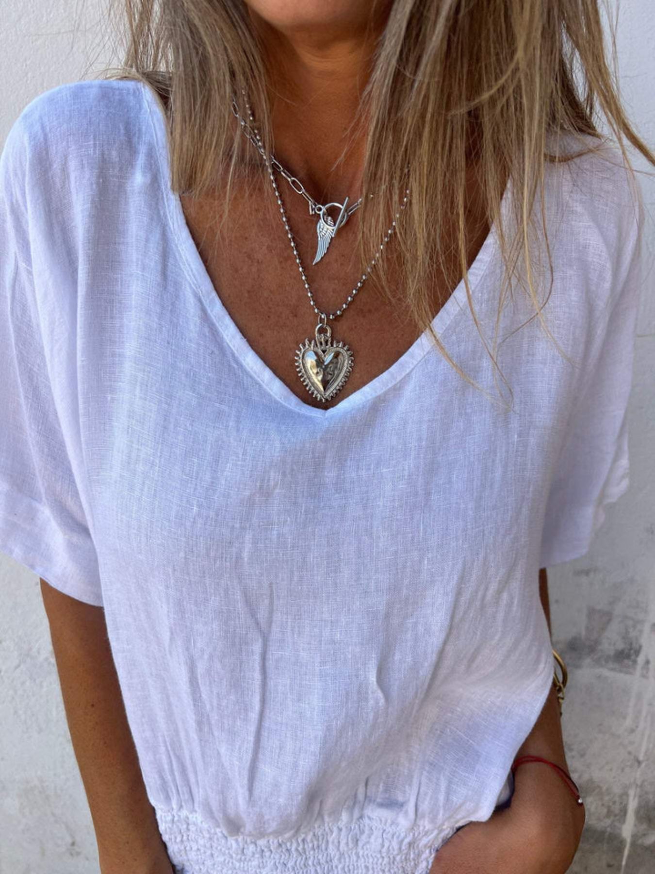 Full Size Smocked Hem V-Neck Relaxed Fit T-Shirt Plus Size