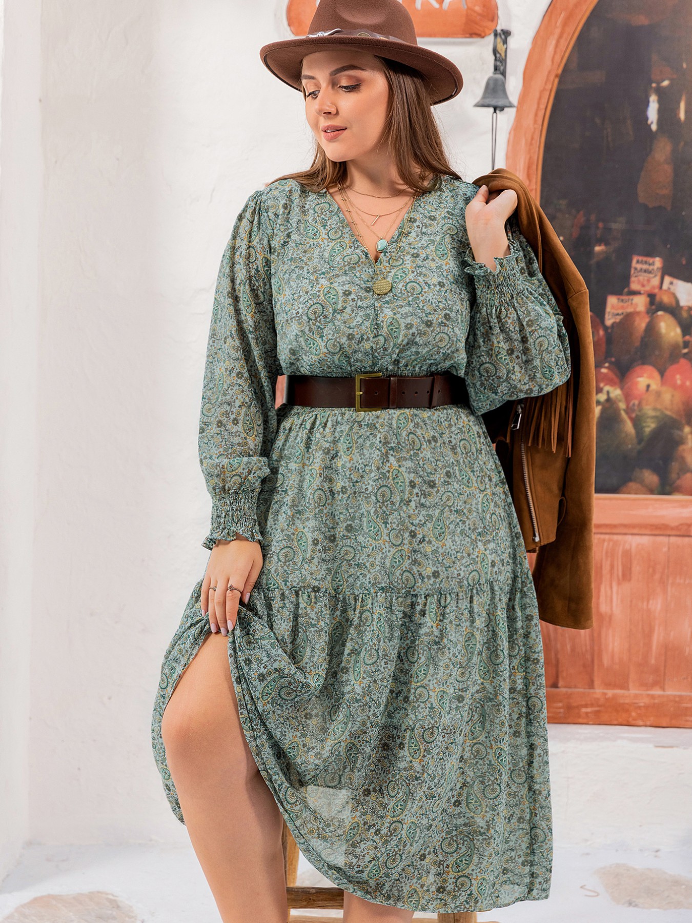 Plus Size Printed V-Neck Long Sleeve Midi Dress