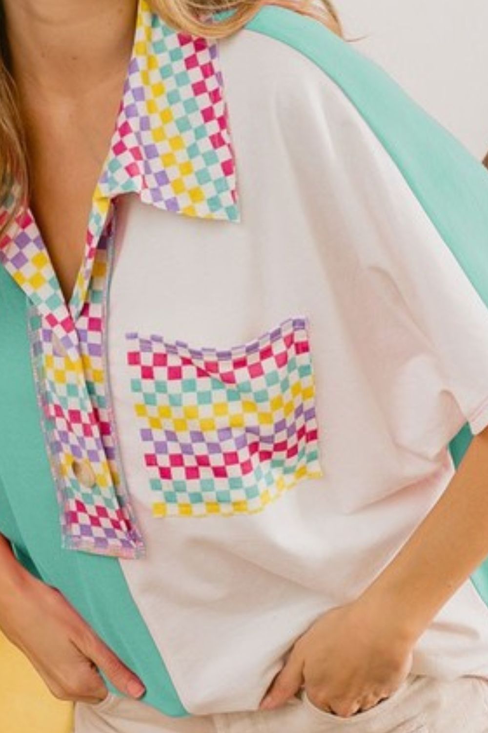 Color Block Knit with Multi Checker Contrast Top