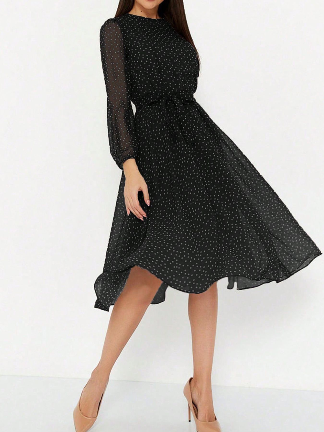 Polka Dot Long Sleeve Midi Dress
