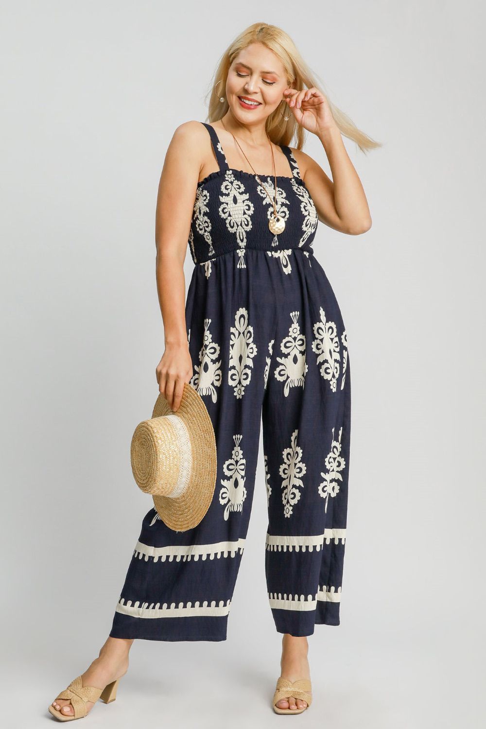 Umgee Full Size Smocked Printed Wide Leg Jumpsuit Plus Size