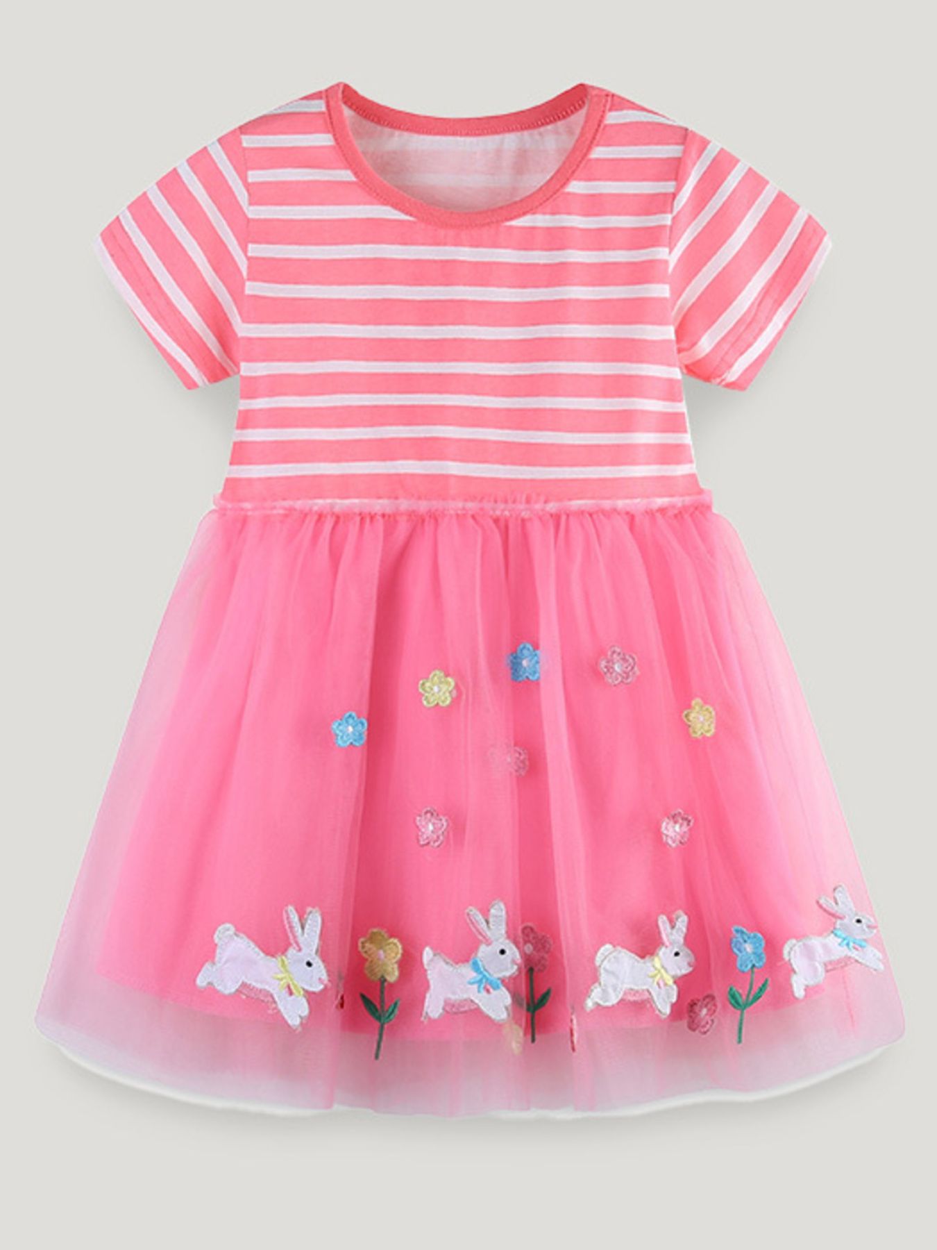Children's Striped Tulle Dress with Bunny Applique 2