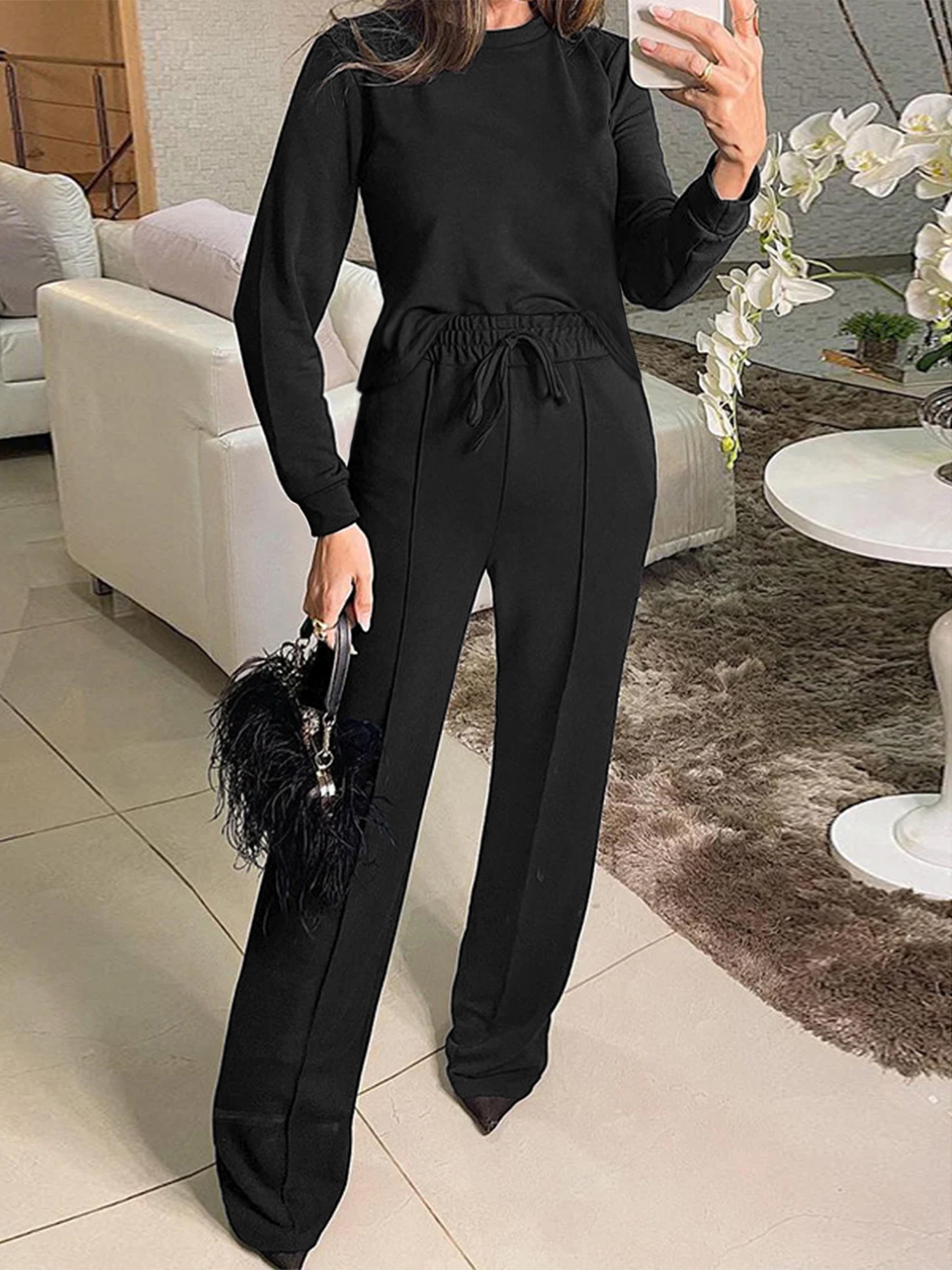 Solid Color Long Sleeve Top & Wide Leg Pants Set