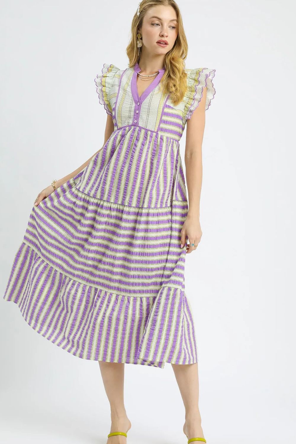 Umgee Striped Ruffle Cap Sleeve Midi Dress