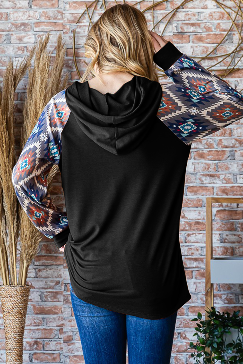 Half Button Printed Long Sleeve Hooded Top