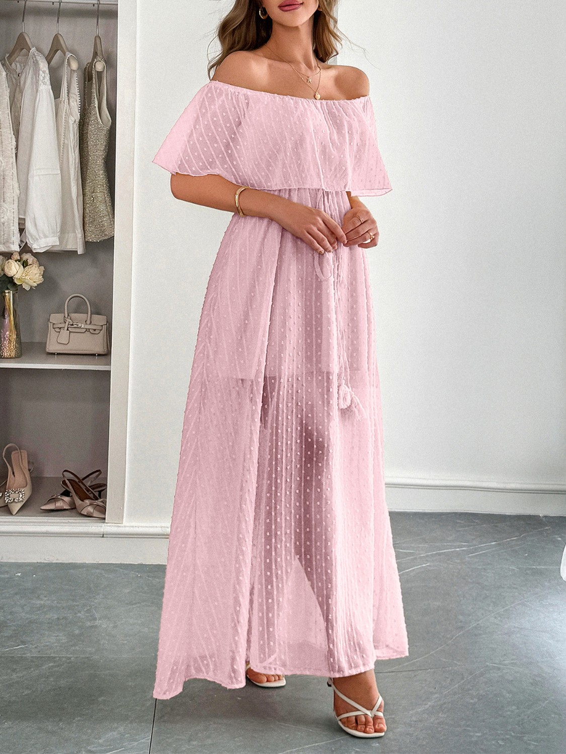 Swiss Dot Off Shoulder Maxi Dress