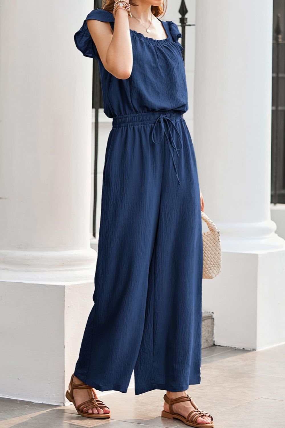 Ruffled Cap Sleeve Wide Leg Jumpsuit