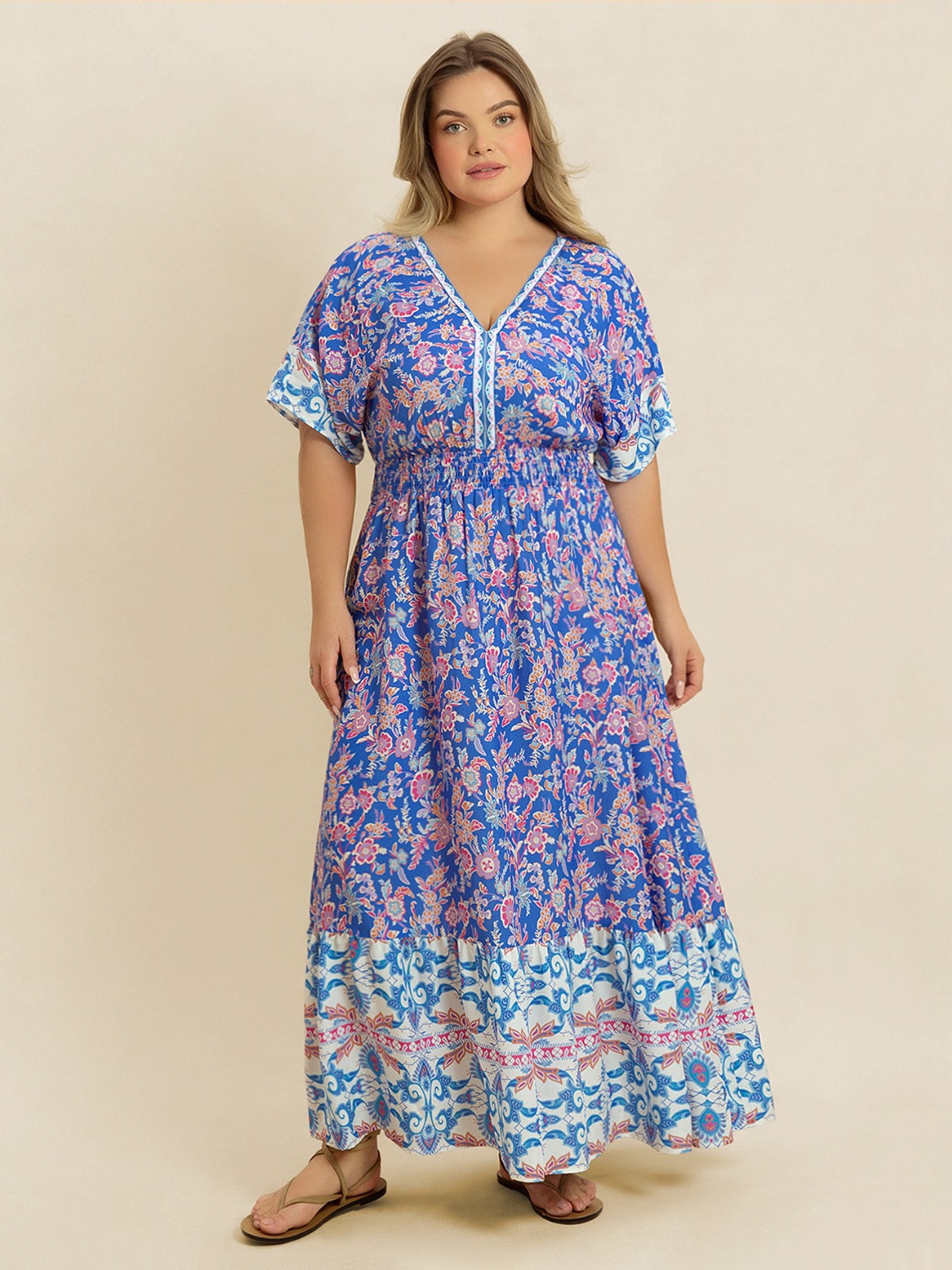 Plus Size Smocked Printed Half Sleeve Midi Dress