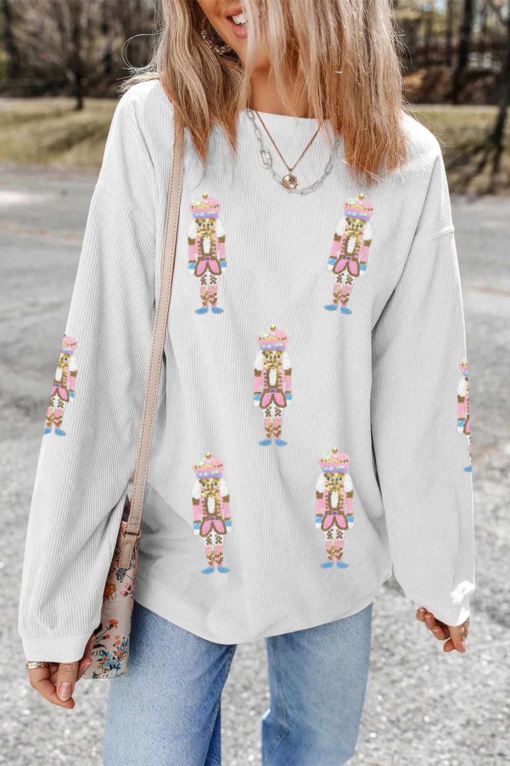 Full Size Corded Rib Sequin Patched Nutcracker Graphic Drop Shoulder Sweatshirt Plus Size