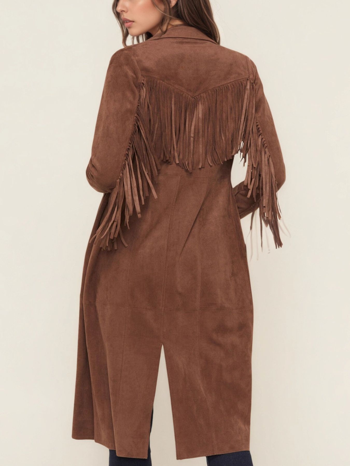 Fringe Lapel Collar Long Sleeve Coat
