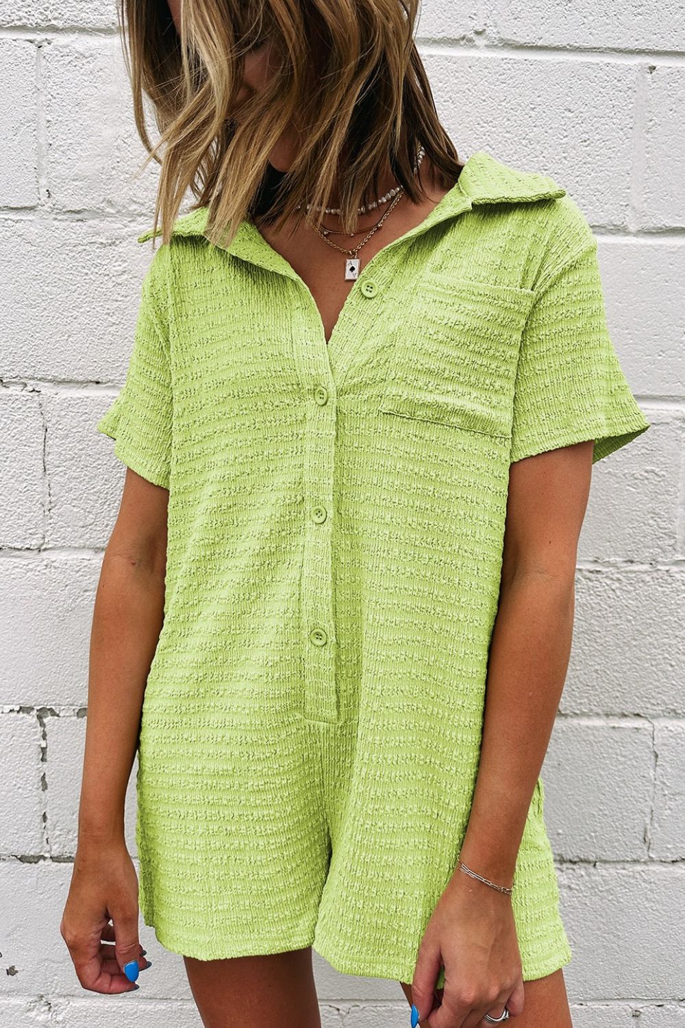 Textured Short Sleeve Patched Pocket Buttoned Romper