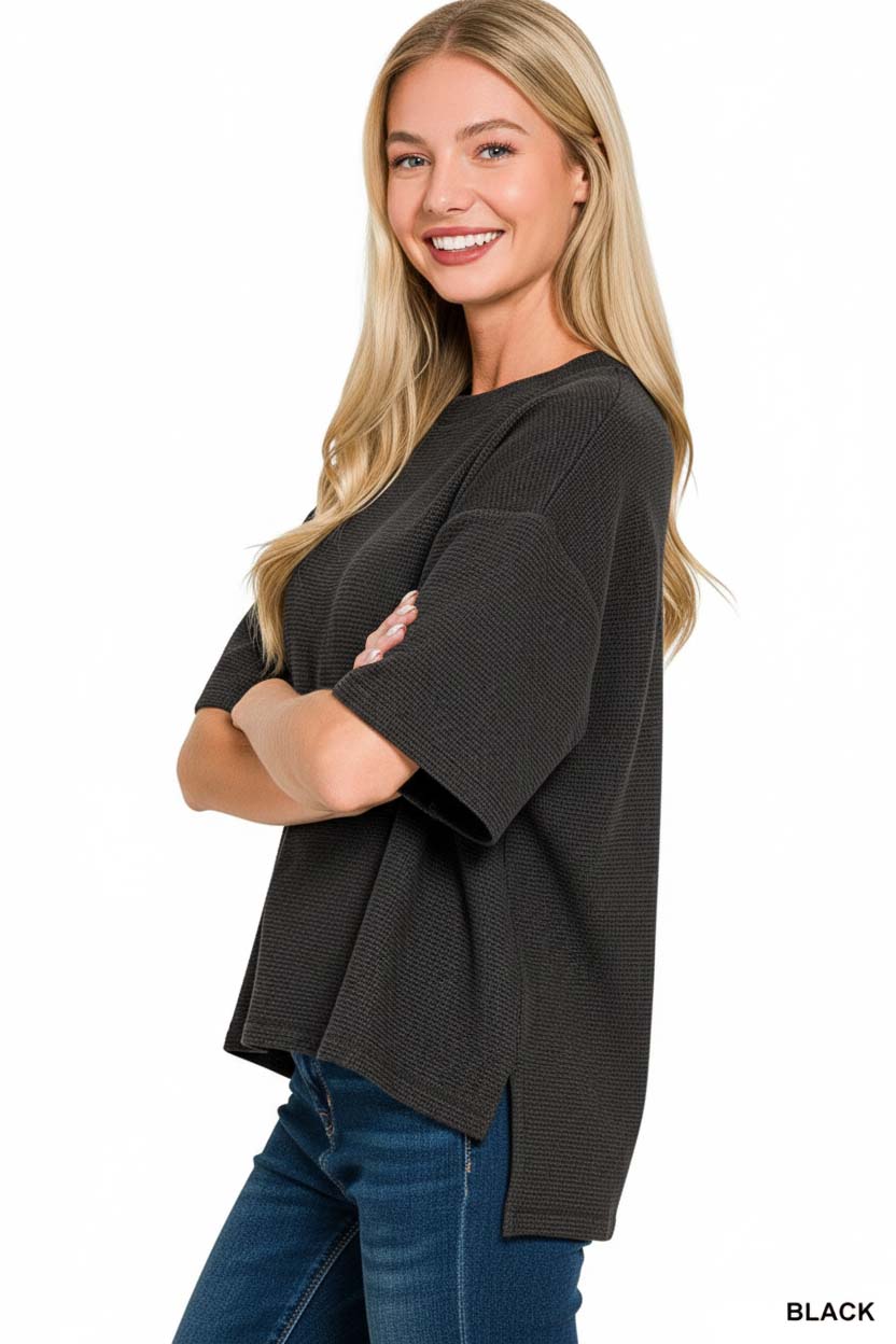 Full Size Double Knit Side Slits Hi Low Short Sleeve Top Plus Size