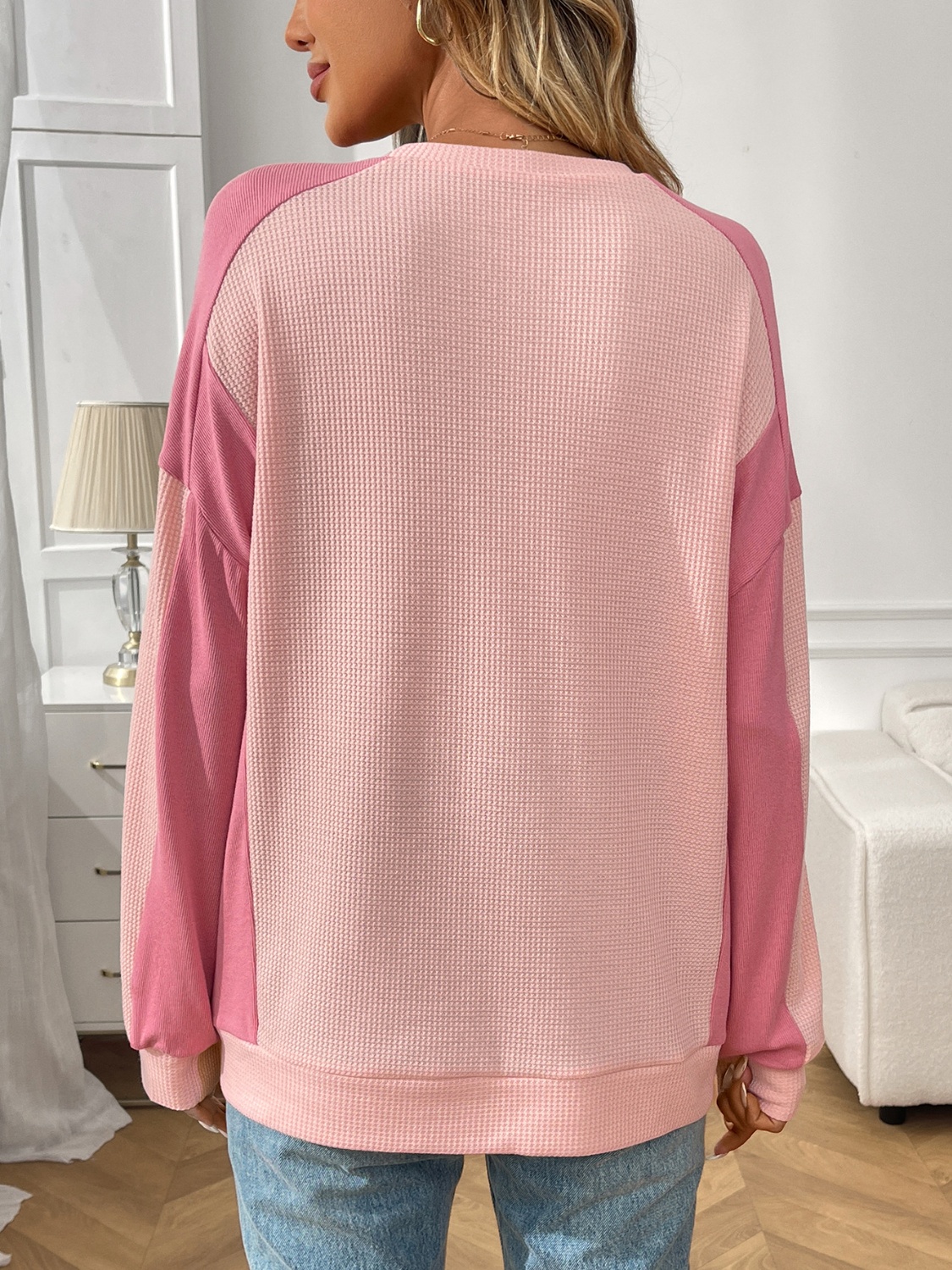 Color Block Waffle Knit Long Sleeve T-Shirt