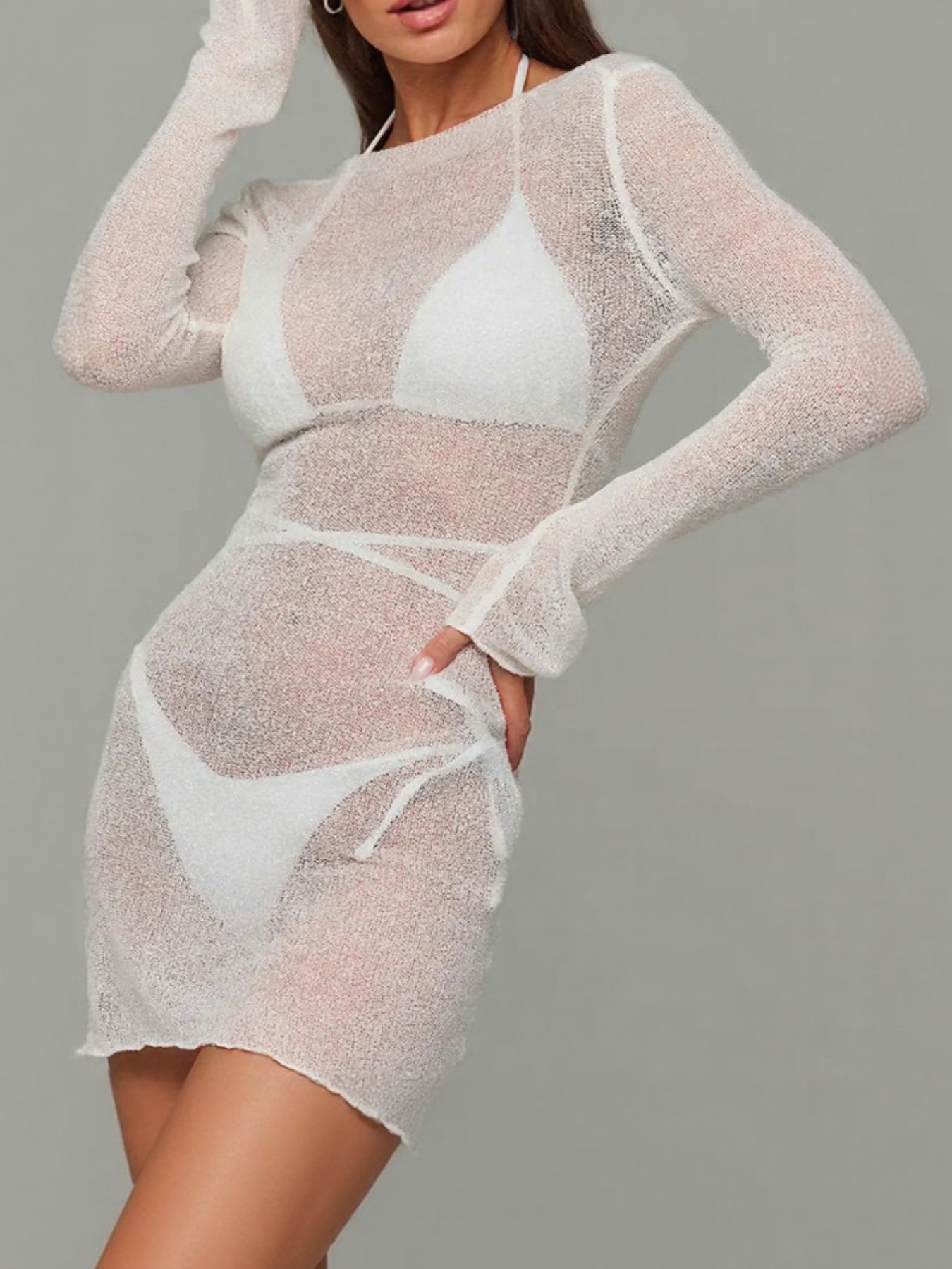 Sheer Backless Long Sleeve Mini Cover-Up Dress